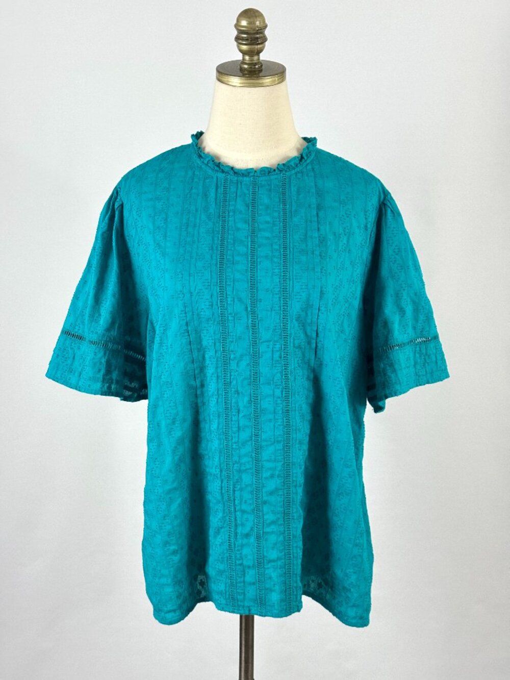 Loft Teal Cotton Eyelet Pintuck Blouse XL Ruffle Neck Textured Career Office